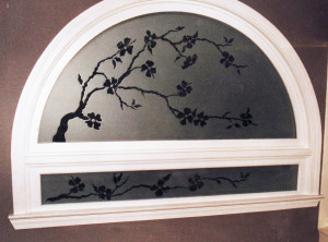 Sandblasted privacy glass for a garden tub window by Glass Graphics of Atlanta.