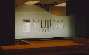 Sandblasted or frosted commercial interior glass signage by Glass Graphics of Atlanta.