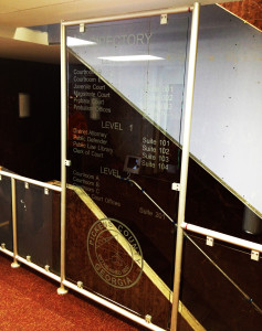 Sandblasted glass office building directory by Glass Graphics of Atlanta.