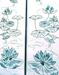 Lily pad scene sandblasted / frosted glass shower enclosure by Glass Graphics of Atlanta.