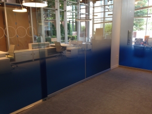 Blue fade / gradient film on glass office partition. Glass filming by Glass Graphics of Atlanta.