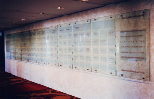 Donor recognition wall panels mounted on stand-offs by Glass Graphics of Atlanta.