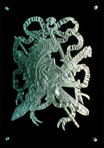 Detailed carving of crest in glass by Glass Graphics of Atlanta.