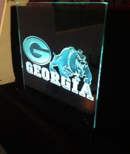 College logo sandblasted glass plaque illuminated by LEDs by Glass Graphics of Atlanta.