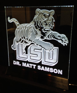 College logo sandblasted glass plaque illuminated by LEDs by Glass Graphics of Atlanta.