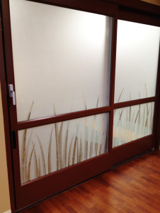 Sandblasted privacy glass on an office sliding glass door by Glass Graphics of Atlanta.