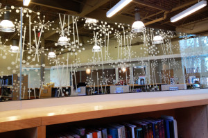 Sandblasted or frosted interior glass panel for a library by Glass Graphics of Atlanta.