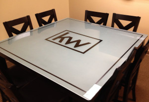 Sandblasted or frosted glass conference room table top by Glass Graphics of Atlanta.