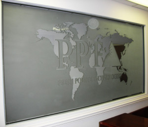Sandblasted or frosted interior glass signage for and office by Glass Graphics of Atlanta.
