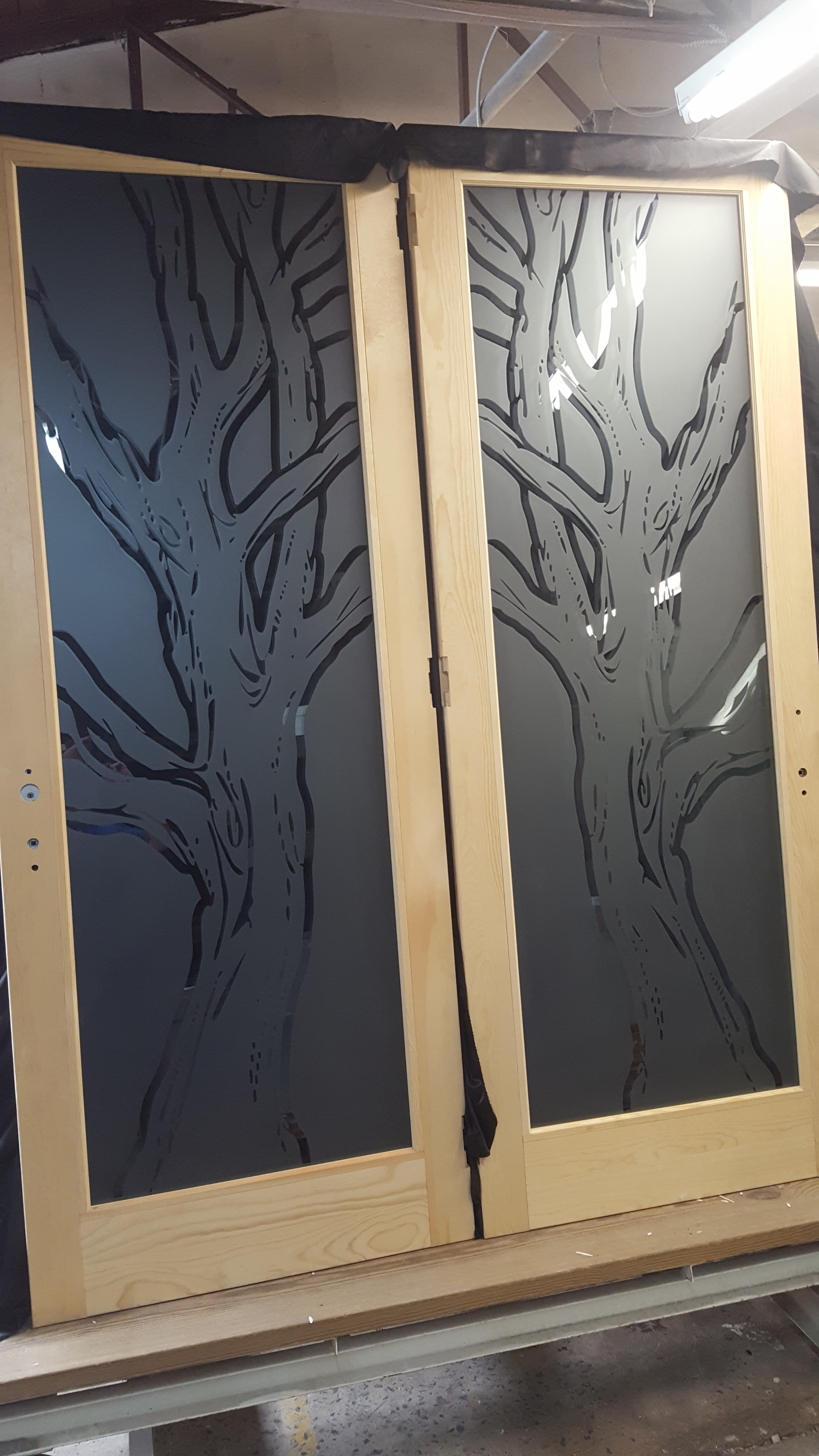 Sandblasted Trees on Glass Doors by Glass Graphics of Atlanta